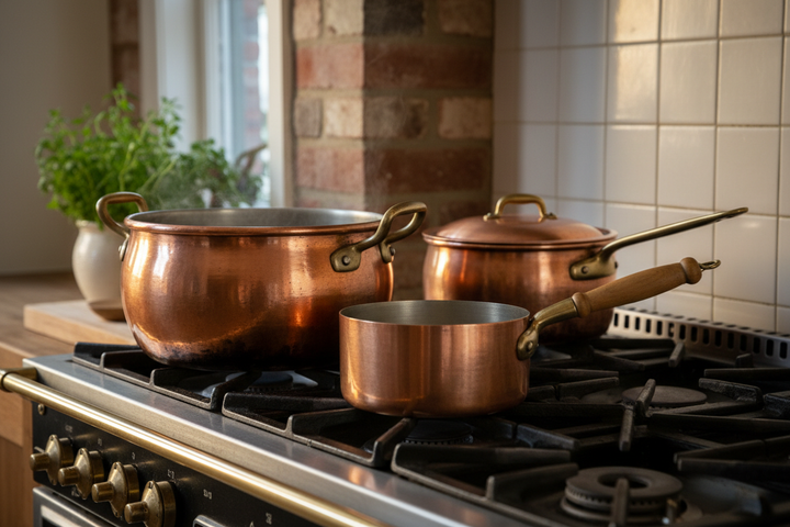 copper pots on a stove